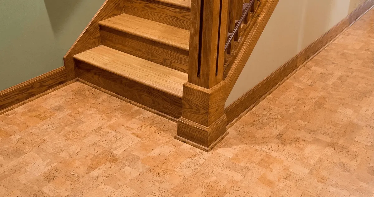 End of a staircase with cork flooring in Arlington, TX