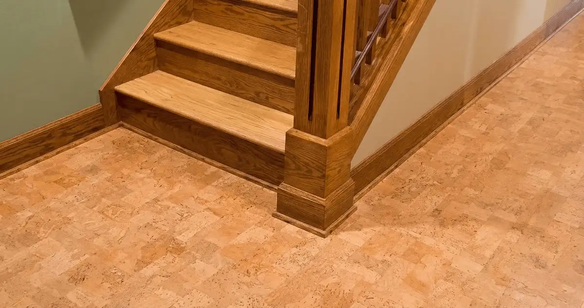 End of a staircase with cork flooring in Arlington, TX