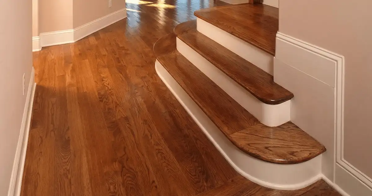 Base floor of a staircase with professionally restored wood flooring in Arlington TX