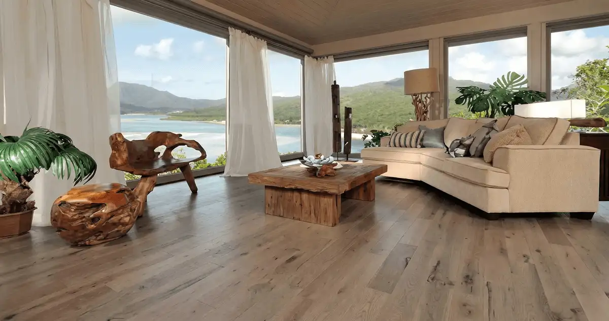 Professionally installed vinyl flooring in a modern living room with large windows in Arlington, TX